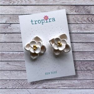 White Flower Polymer Clay Stud Earrings with Gold Accent